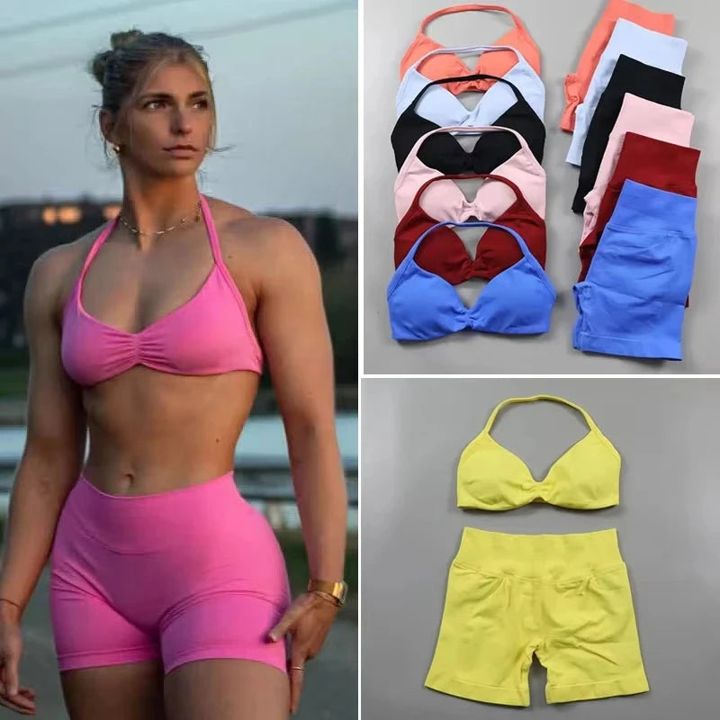 2PCS Yoga Gym Set Women Seamless Strappy Yoga Bra Top High Waist Workout Scrunch Shorts Sports Suit Fitness Clothes Sportswear