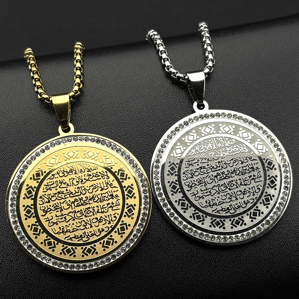 Islam Muslim Allah Quran Medal Stainless Steel Necklace for Women Men Gold Color Rhinestones Arabic Pendant Necklaces Jewelry