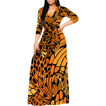 Floral V-Neck 3/4 Sleeve Wrap Maxi Dress with Belt - Women's Bold Elegant Party Evening Resortwear Date Night