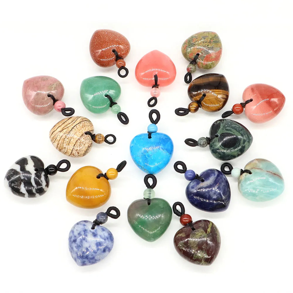 24mm Heart Shape Pendants Natural Stone Healing Crystal Quartz Tiger Eye Energy Gemstones for Jewelry Making DIY Necklace Gifts