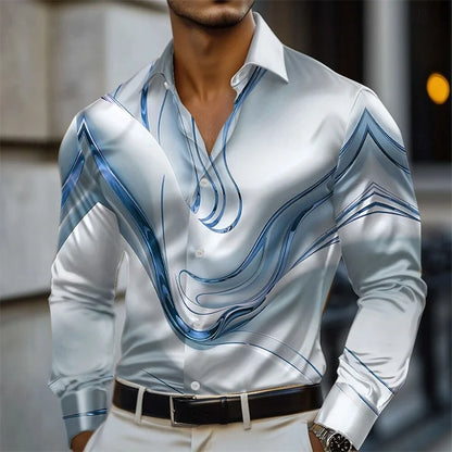Men's Abstract Liquid Art Satin Shirt Fashion Casual Vacation Summer Spring Autumn Lapel Long Sleeve Shirt Pink Blue Gold Green