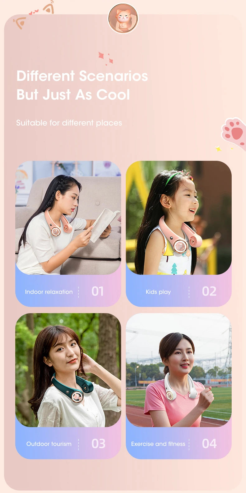 Bladeless Neck Fan 2000mAh USB Rechargeable Digital Display Cute Cat Hanging Mini for Travel Office