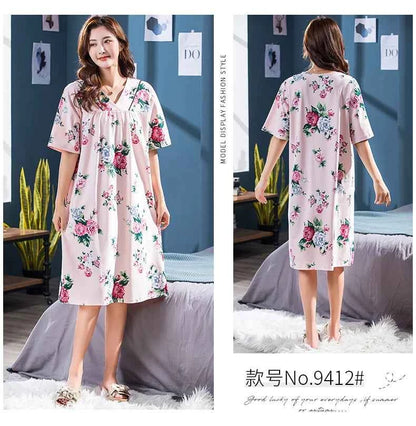 2025 Summer Small Floral Night Dress Women Nightgown Big Yards 3XL Sleepshirts Short-sleeves Nightie Nightdress Cotton Sleepwear
