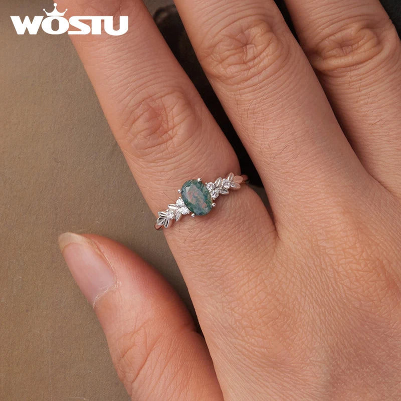 WOSTU Natural Moss Agate Ring For Women  925 Sterling Silver Oval Cut Sea Grass Agate Flower Rings Wedding Party Jewelry Gift