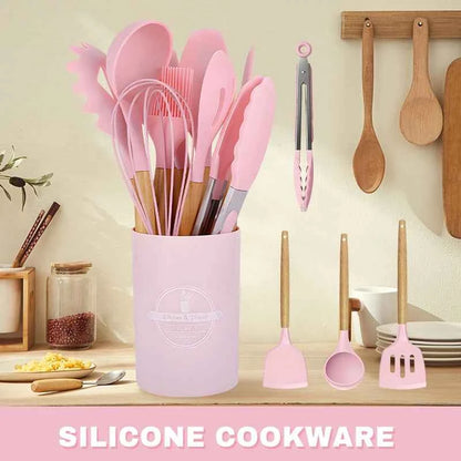 Silicone Cookware Set 12pcs Kitchen Utensil Wooden Handle Non-stick Spatula Shovel Spoon Kitchen Cooking Specialty Tools