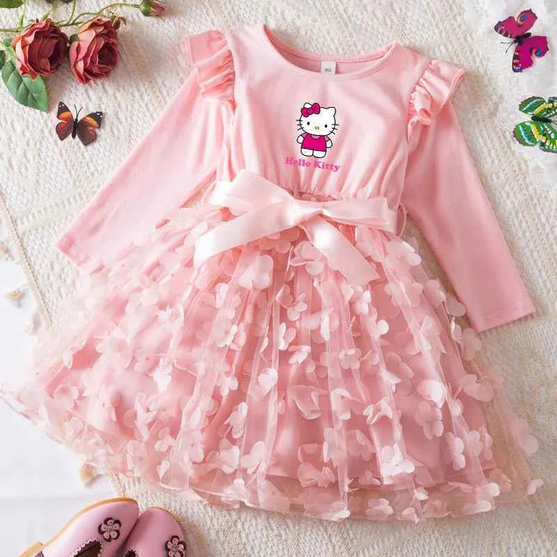 Hello Kitty Autumn Dress for Kid's Casual Clothes 3D Butterfly Cute Long Sleeve Baby Girls Princess Dress Party Dresses 2-6 Yrs