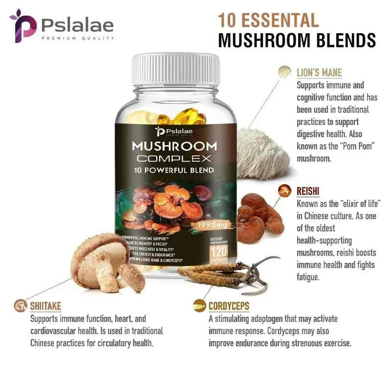 Mushroom Complex Capsules - with Lions Mane, Chaga, Reishi, Cordyceps - Support Immune System, Memory, Focus and Relieve Stress