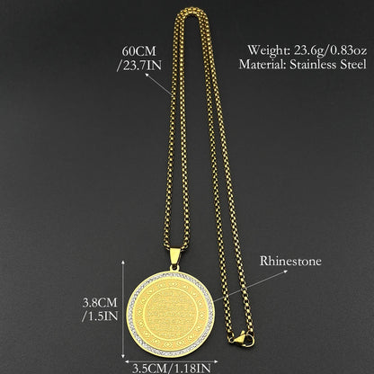 Islam Muslim Allah Quran Medal Stainless Steel Necklace for Women Men Gold Color Rhinestones Arabic Pendant Necklaces Jewelry