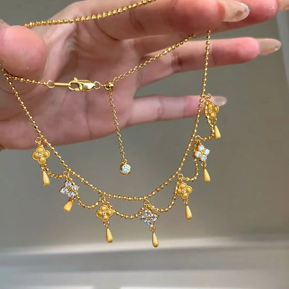 999 24K real gold water drop fringed four-leaf clover necklace for women diamond retro princess brushed clavicle chain for women - AMULET RING STORE