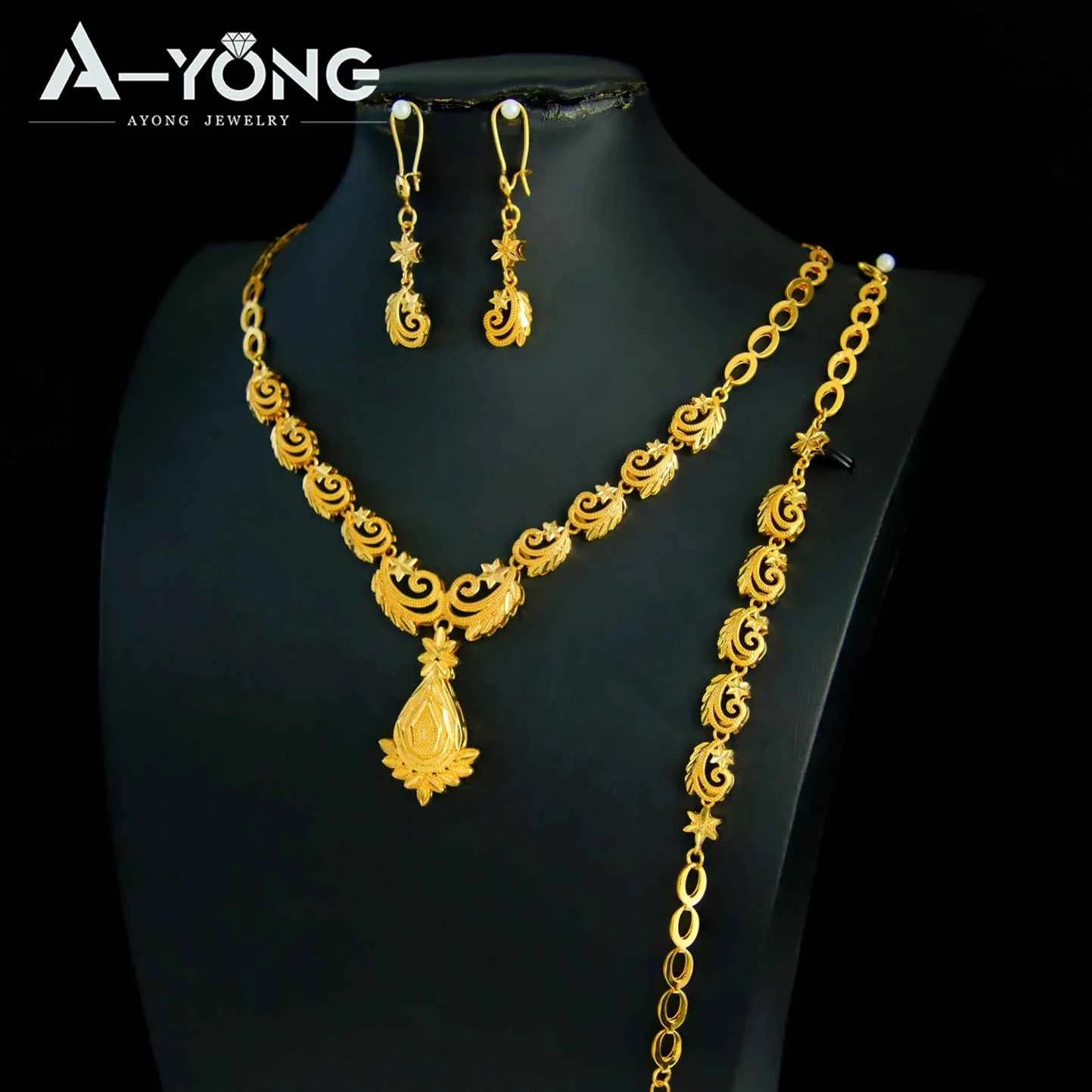 Luxury Dubai Wedding Jewelry Set 21k Gold Plated Arab Bridal Gold Necklace Bracelet Earrings Brazilian Women Vintage Jewelrys