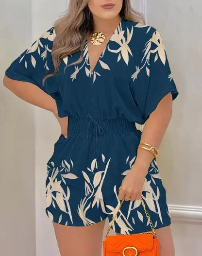 Summer Fashion Jumpsuit Women 2024 Batwing Sleeve Shirred Waist Casual Plain V-Neck Short Sleeve Above Knee Romper Streetwear - AMULET RING STORE