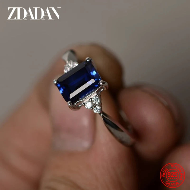 ZDADAN 925 Sterling Silver Square Aquamarine Ring For Women Fashion Wedding Jewelry