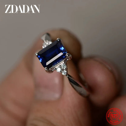 ZDADAN 925 Sterling Silver Square Aquamarine Ring For Women Fashion Wedding Jewelry