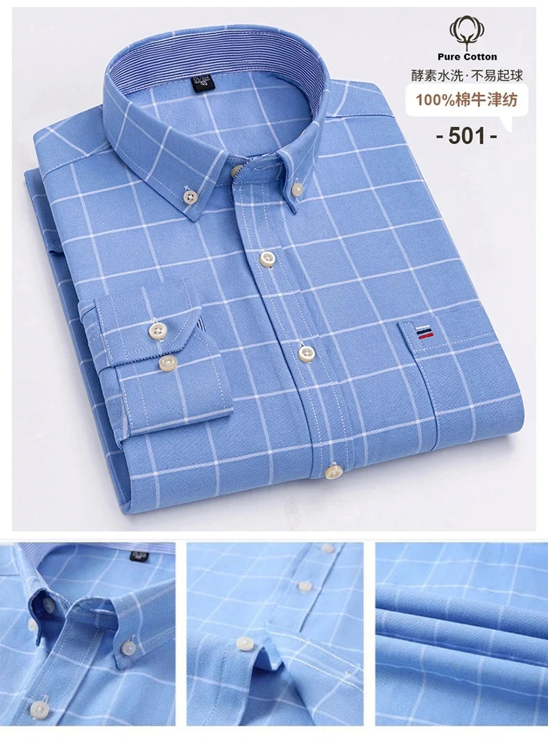 100% Cotton Oxford Men's Shirts Long Sleeves Plaid Soft Regular Fit Formal Dress Shirt Pocket Social Blouse Male Clothes S-7XL