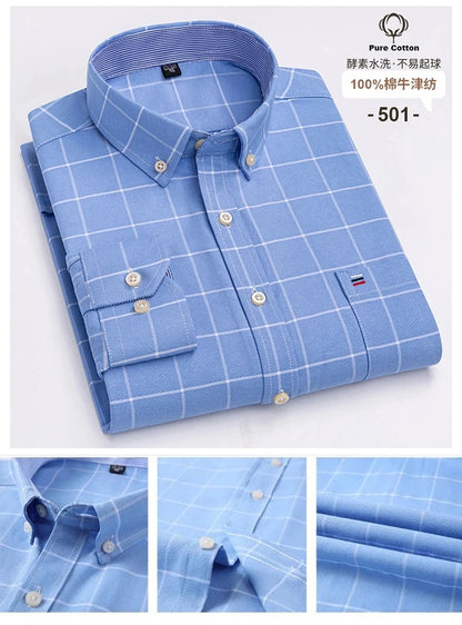100% Cotton Oxford Men's Shirts Long Sleeves Plaid Soft Regular Fit Formal Dress Shirt Pocket Social Blouse Male Clothes S-7XL