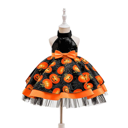 Baby Girl Halloween Costume 0-3 Yrs Little Girl Fantasy Dress Children Pumpkin Skeleton Print Fluffy Gown Kids Cute Orange Frock