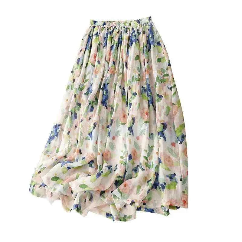 French Floral Oil Painting Elegant Chic Elastic High Waist A-line Women's Skirt Mid-Calf Long Skirts For Women Clothing Fashion