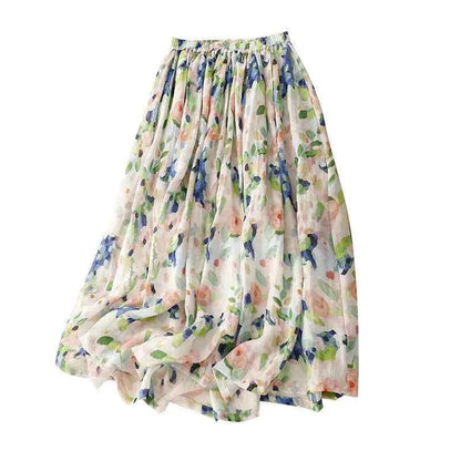 French Floral Oil Painting Elegant Chic Elastic High Waist A-line Women's Skirt Mid-Calf Long Skirts For Women Clothing Fashion