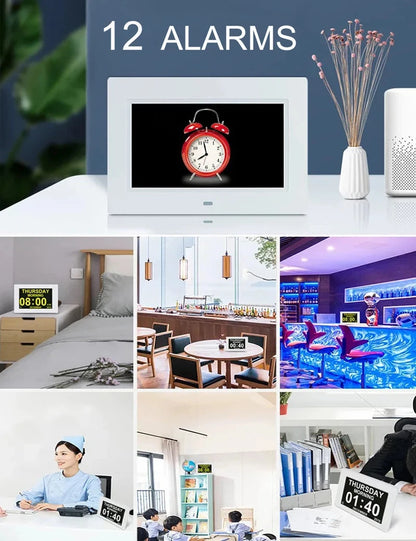 12 Alarms Digital LED Calendar Clock with Multi-Languages to display. Medicine Time Reminder for Elder.Home Desk Wall Decoration