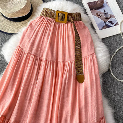 White High Waist A-Line Midi Skirt Women's Summer Casual Flared Cake Skirt Korean Sle Baking Poer Skirt for Young Women