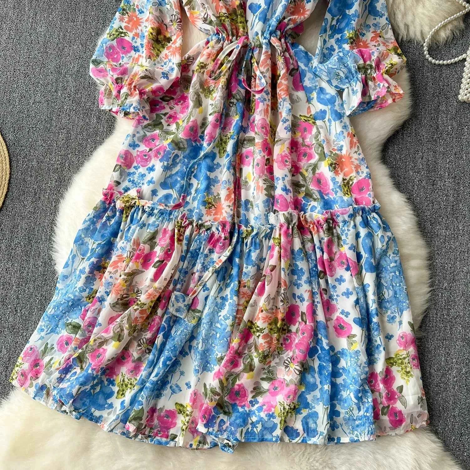 2026 Romantic Floral Print Chiffon Long Sleeve Dress Women Sexy V-neck A Line Beach Vestidos Elegant Elastic Waist Party Dress