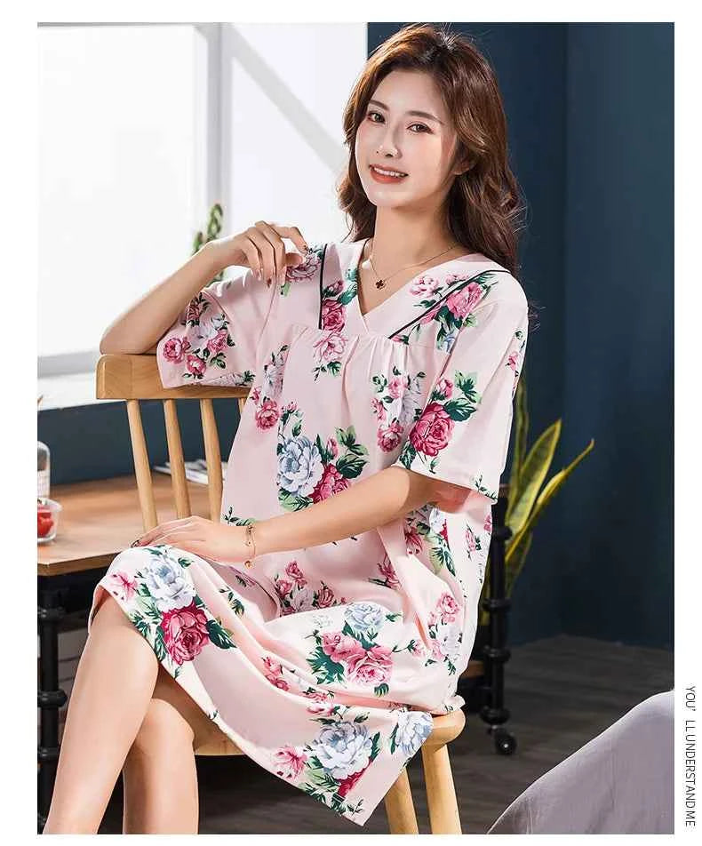 2025 Summer Small Floral Night Dress Women Nightgown Big Yards 3XL Sleepshirts Short-sleeves Nightie Nightdress Cotton Sleepwear