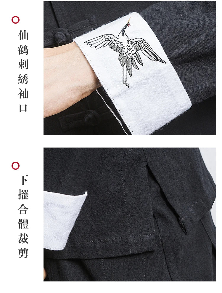 New Crane Embroidery Top Traditional Chinese Clothing for Men Vintage Half Sleeve Linen Shirts Solid Madarin Collar Hanfu Kungfu