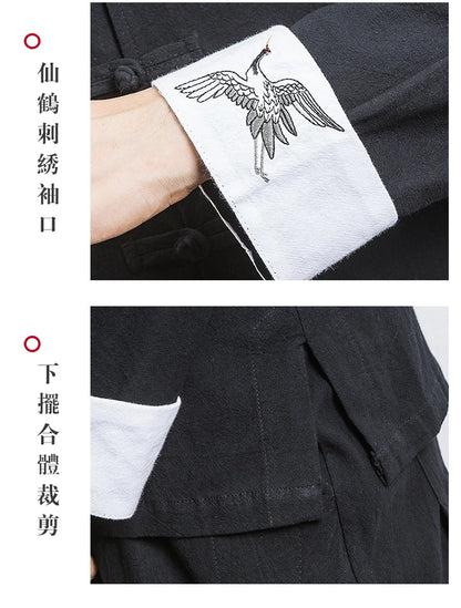 New Crane Embroidery Top Traditional Chinese Clothing for Men Vintage Half Sleeve Linen Shirts Solid Madarin Collar Hanfu Kungfu