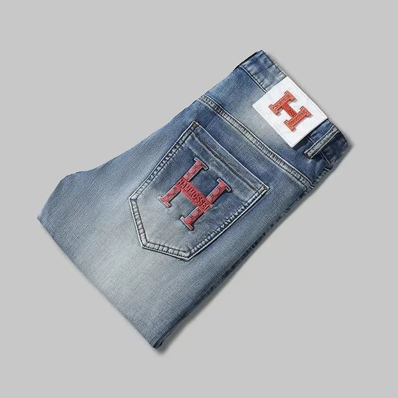 2024 Summer Lightweight Luxury European Style Jeans Men's Slim Fit Casual Long Pants Trendy High End Brand