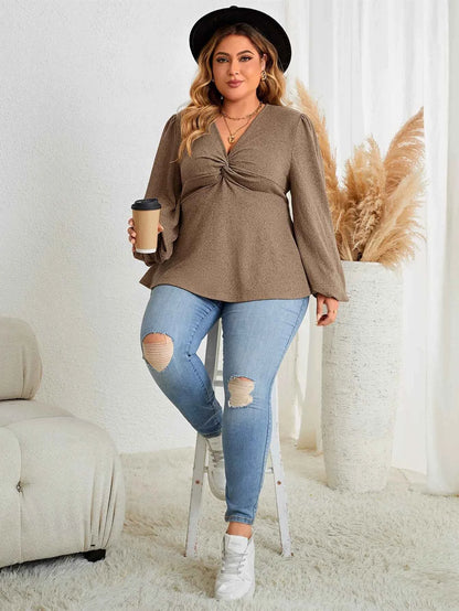 Fairyshely 2025 Spring Autumn V Neck Plus Size Top Women Long Sleeve Loose Large T-shirt Lady Brown Casual Curvy Pullover Tops
