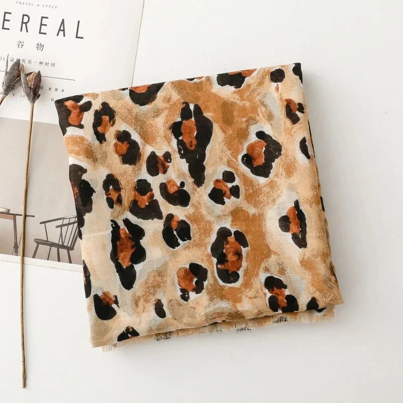 88*180cm Leopard Print Women Viscose Scarf Summer Beach Shawl Cotton Linen Feeling Tassel Pashmina Muslim Hijab Wrap Lady