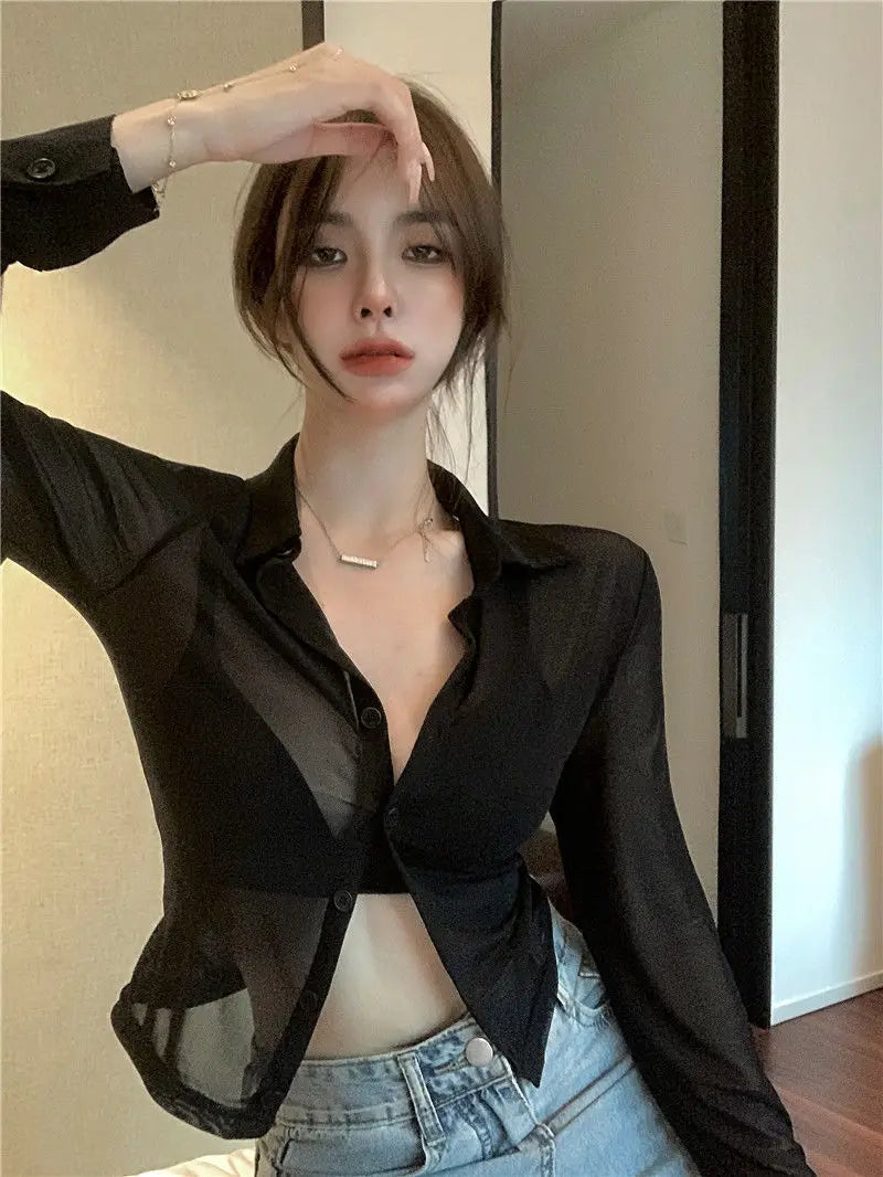 Bla Lace irt Sexy Thin Sun Protection Women's Summer New Pure Desire Versatile Slim ort Top Korean Sle Collar Lo... - AMULET RING STORE