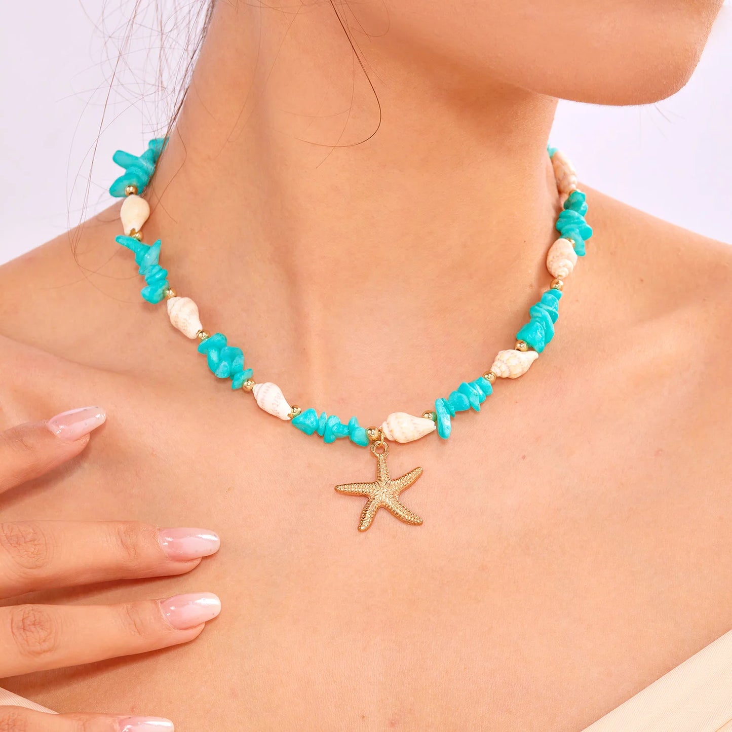 Bohemian Starfish Pendant Bracelet for Women Handmade Crushed Stone Beaded Bracelet Summer Beach Jewelry Travel Accessory Gift