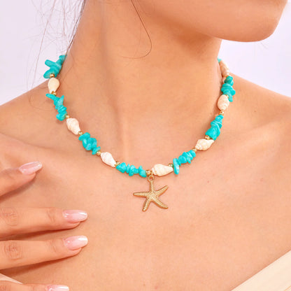 Bohemian Starfish Pendant Bracelet for Women Handmade Crushed Stone Beaded Bracelet Summer Beach Jewelry Travel Accessory Gift