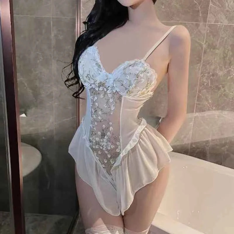 Sexy Deep V Flower Vine Open Crotch Bodysuit Suspender Embroidery Ballet Nightdress Slim Gathered Mesh Bodycon