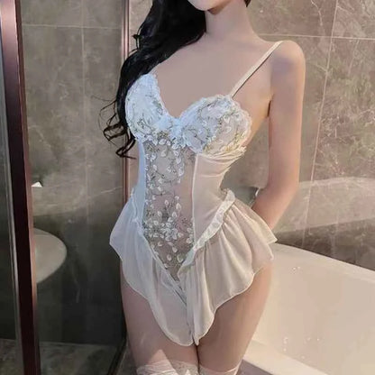 Sexy Deep V Flower Vine Open Crotch Bodysuit Suspender Embroidery Ballet Nightdress Slim Gathered Mesh Bodycon