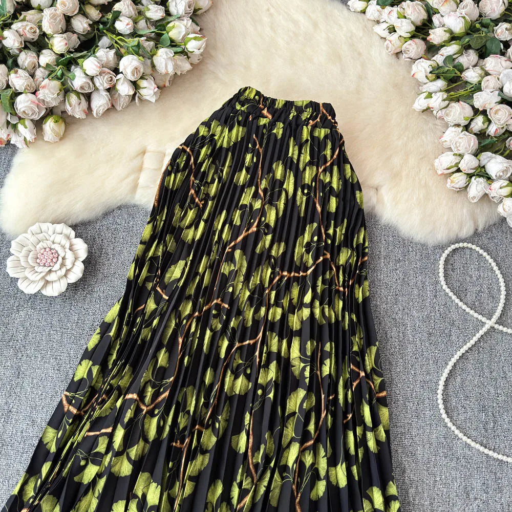 Chiffon A-Line Midi Skirt Women's Autumn 2025 New Sle Cover Hip Draped Large Swing Umbrella Skirt Pleated Floral Skirt