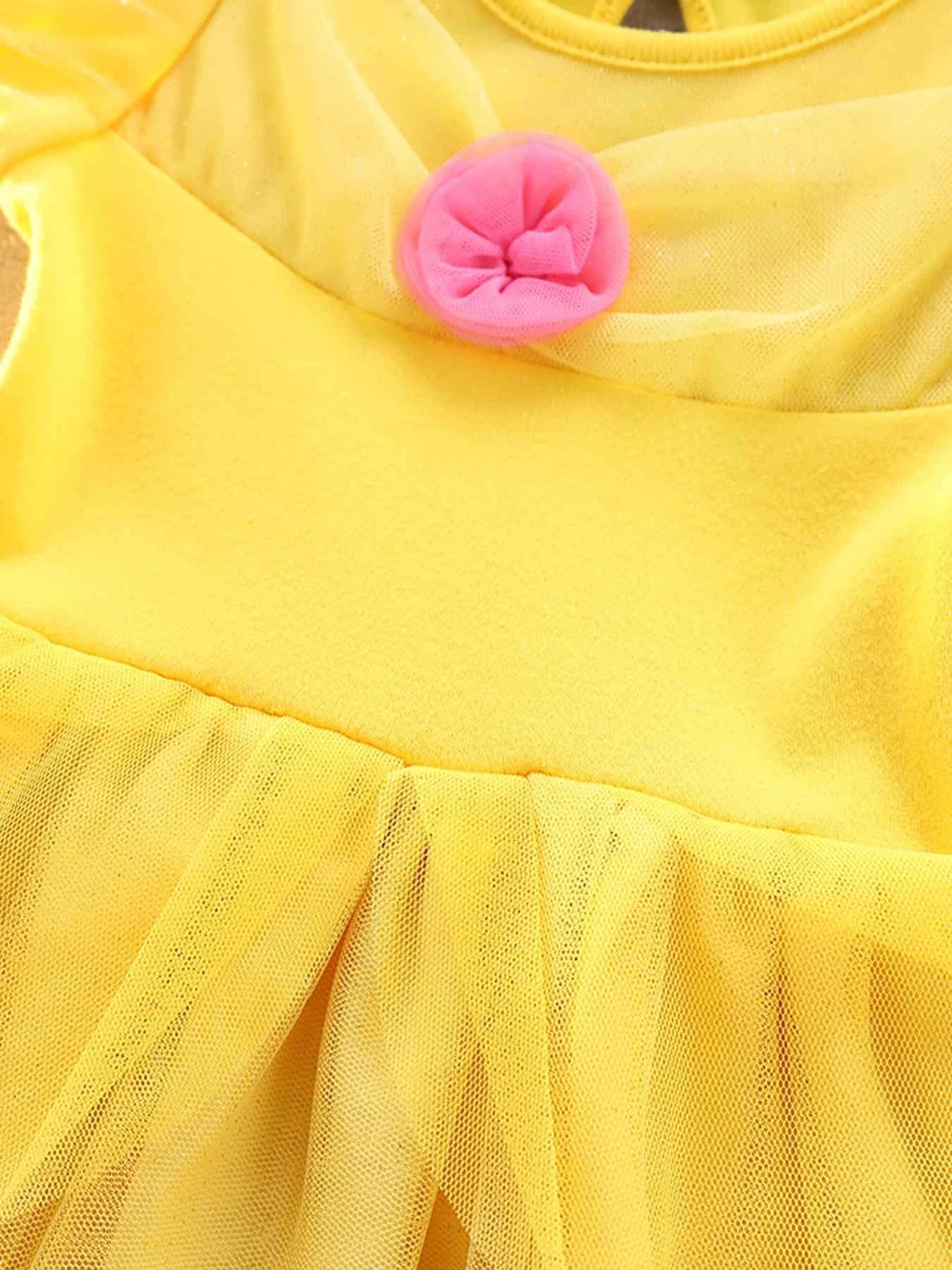 Baby Girl Birthday Outfit Set Short-sleeved Bodysuit Princess Romper Dress With Headband Yellow 3D Floral Girl Clothes 3-18M