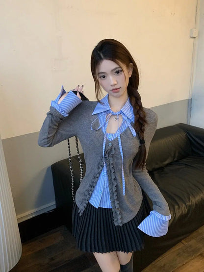 Preppy Style Striped Contrast Slim Lacing Tops Women Clothing Spring Autumn New Long Sleeve Patchwork Korean Shirt Tops Fashion