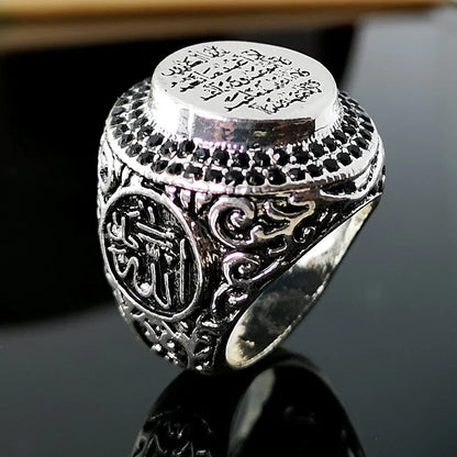 Silver Color Inlaid Multi-color Zircon Finely Carve Islamic Faith Scripture Ring AMULET RING STORE