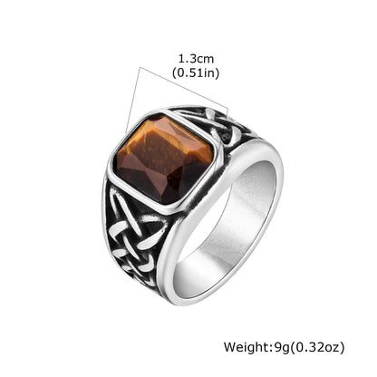 Punk Viking Knot Rings for Men,Vintage Square Natural Stone Signet Ring,Retro Ethnic Rock Jewelry Gift