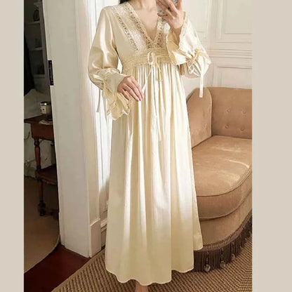 Vintage Embroidery Cotton Long Nightgowns For Lady Lace  Long Sleeve Beige Elegant Nightshirts Comfortable Sexy Night Dress