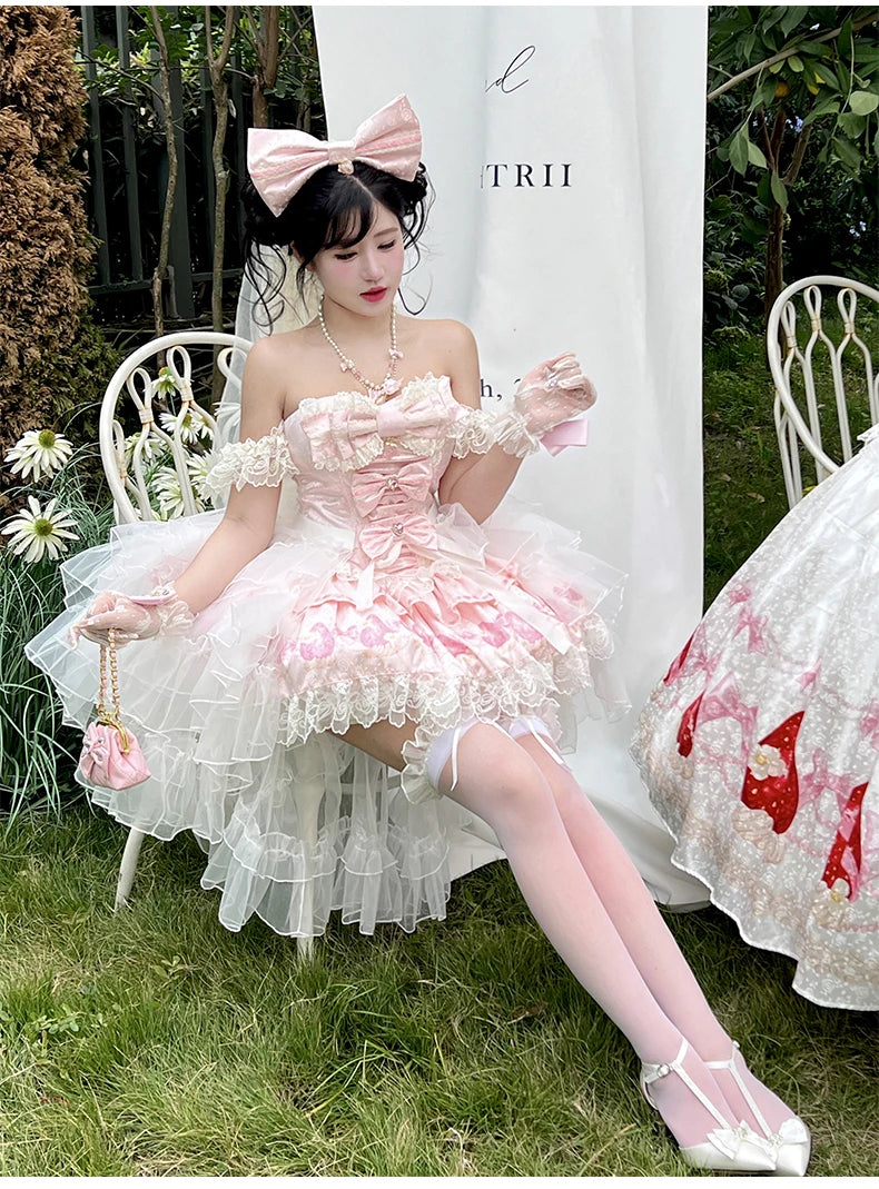 Sweet Princess Style Birthday Anniversary Wedding Dress New Lolita Cute Bow Sexy Strapless Girl Temperament Puffy Lace Dresses