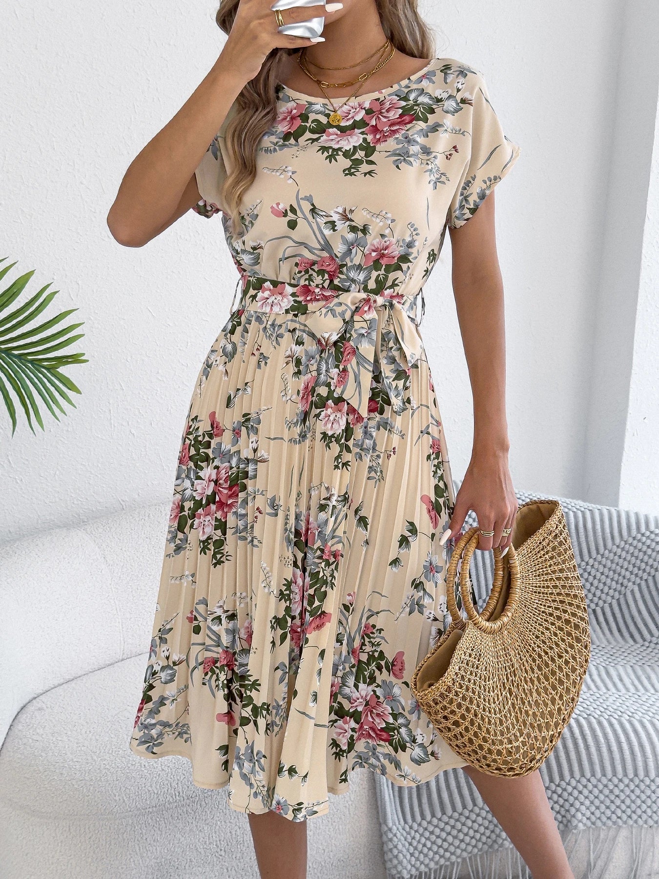 2025 Retro Floral Pattern Printed Dress Woman Elegant Spring Summer Round Neck Lace Up Short Sleeve Dress