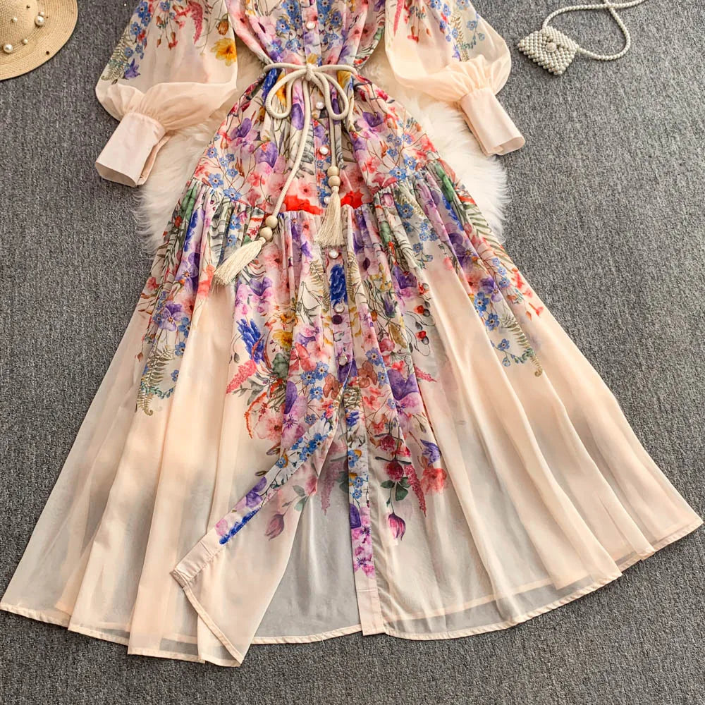 Faionable Print Long Dr Women's Spring Belted Waist Pleated Lantern Sve Turn-down Collar Dr Korean Sle Commute