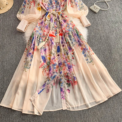 Faionable Print Long Dr Women's Spring Belted Waist Pleated Lantern Sve Turn-down Collar Dr Korean Sle Commute