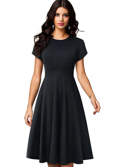 Nice-forever Vintage Elegant Floral Print Pleated Round neck vestidos A-Line Pinup Business Party Women Flare Swing Dress A102