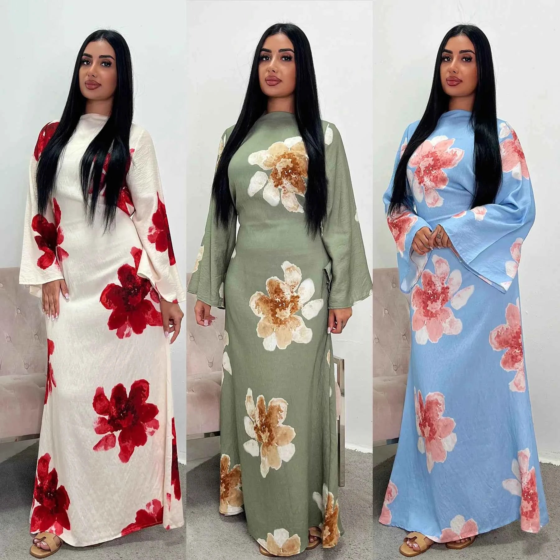 Arabesque Bell Sleeve Flowy Maxi Abaya Dress Elegant Floral Print Muslim Modest Long Dress Islamic Vacation Outfit Summer Robe