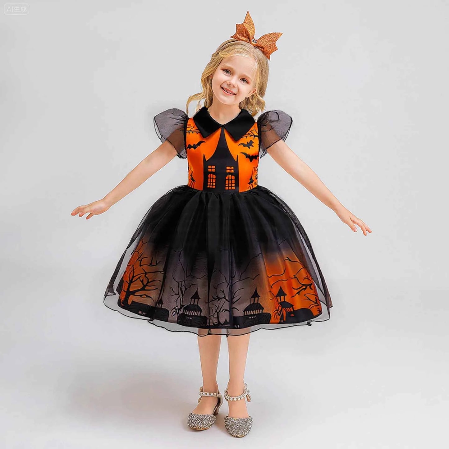 Girl Halloween costume 4-8 Yrs Halloween Theme Party Dresses Skeleton Bat Pumpkin Print Frocks Luxury Fluffy Kids Elegant Gown