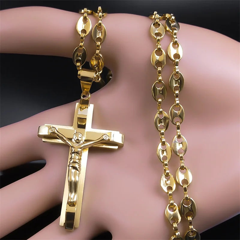 Jesus Cross Crucifix Pendant Necklace for Men Stainless Steel Gold Color Christian Coffee Bean Chain Jewelry croix chrétienne - AMULET RING STORE